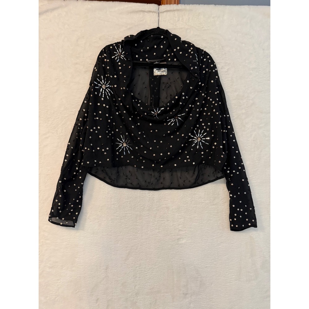 Colleen Lopez Blouse Womens 1X Black Sheer Sequin Cowl Neck Starburst Top 817598